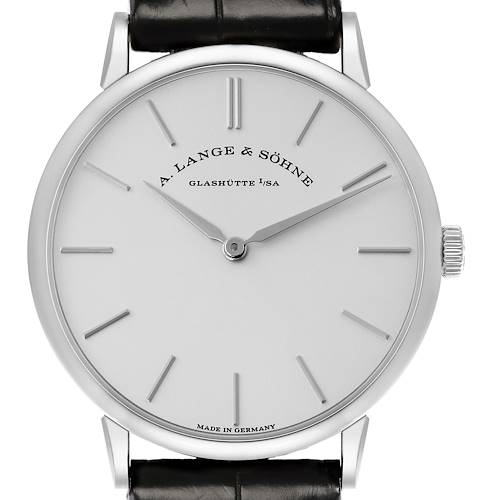 The A. Lange & Söhne Saxonia model 201.027 watch is shown from a front angle highlighting its dial, hands, and leather strap.