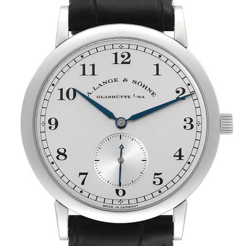 This A. Lange & Sohne 1815 206.025/LS2062AJ Men's Platinum Silver Dial model watch is shown from a front angle, displaying the dial, hands, and partial strap.