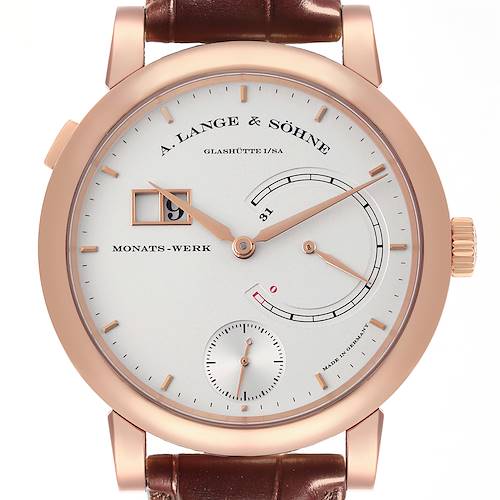 The A. Lange & Sohne Lange 1 130.032F Men's Rose Gold Silver Dial watch is shown from a front view, displaying the dial, hands, sub-dials, and leather strap.