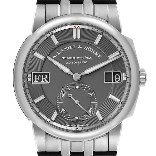 The A. Lange & Sohne Odysseus 363.068 Men's White Gold Grey Dial watch is shown from a front angle, highlighting the dial, hands, bracelet, and crown.