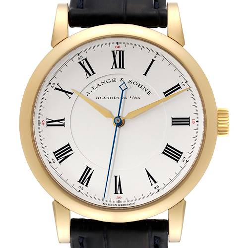 The Richard Lange model by A. Lange & Söhne is shown from a front angle, displaying the watch face, Roman numerals, and gold case.