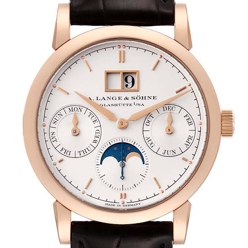 The image shows a front view of the A. Lange & Sohne Saxonia 330.032 Men's Rose Gold Silver Dial watch, displaying the dial and complications.