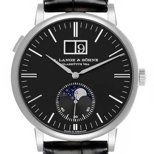 The image shows a front view of the A. Lange & Sohne Saxonia 384.029 Men's White Gold Black Dial watch, highlighting the dial, hands, date display, and moon phase.