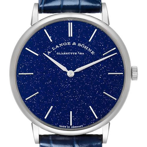 The A. Lange & Sohne Saxonia 205.086 Men's White Gold Blue Dial watch is shown from the front, highlighting the starry blue dial, silver hands, and markers.