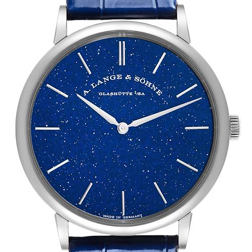 The image shows a front view of the A. Lange & Sohne Saxonia 205.086 Men's White Gold Blue Dial watch, highlighting its blue dial and silver case.