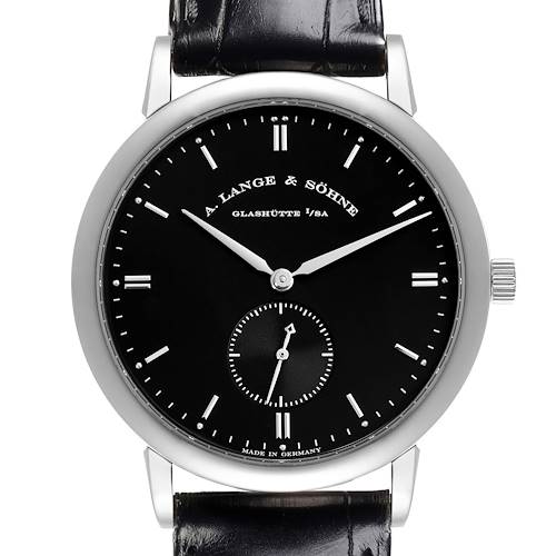 The A. Lange & Sohne Saxonia 215.029 Men's White Gold Black Dial watch is shown from the front, displaying the dial, hands, and strap.