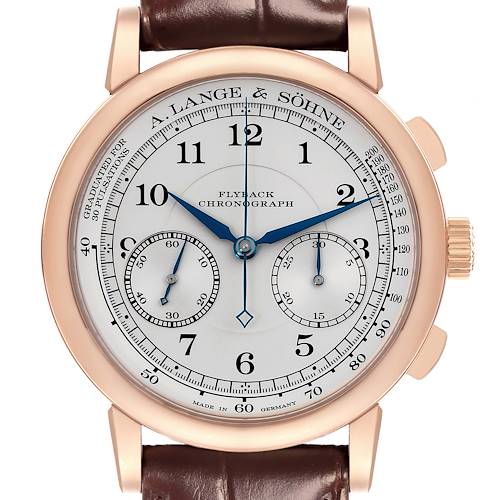 The image shows a frontal view of the A. Lange & Sohne 1815 414.032 Men's Rose Gold Silver Dial watch, displaying the dial, pushers, and crown.
