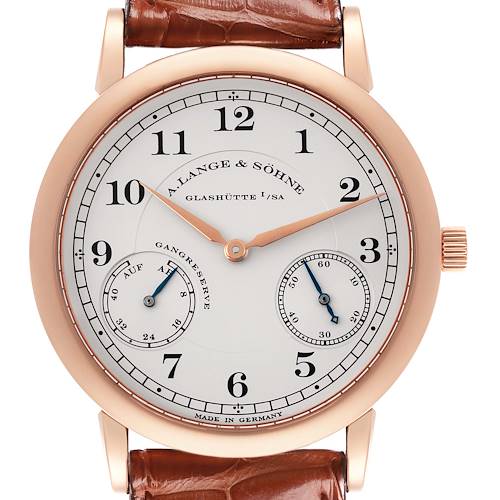 The A. Lange & Sohne 1815 221.032 / LSLS2214AD Men's Rose Gold Silver Dial model is shown from the front, displaying the dial, hands, subdials, and strap.