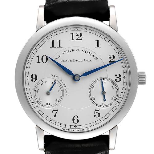 The A. Lange & Sohne 1815 221.025 Men's Platinum Silver Dial watch is shown from the front, highlighting the dial, hands, and subdials.