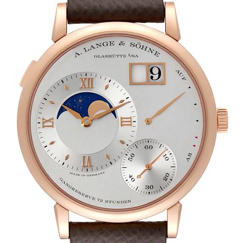 This image shows the face of the Lange 1 model by A. Lange & Söhne, featuring time, date, and power reserve indicators.