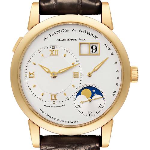 The image shows a frontal view of the A. Lange & Sohne Lange 1 109.021 Men's Yellow Gold Silver Dial watch, highlighting the dial, subdials, and moon phase display.
