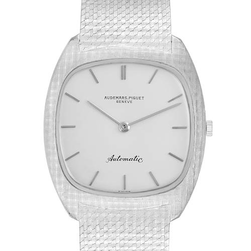 The Audemars Piguet Vintage 5279 Men's White Gold Silver Dial model is shown from a top-down angle highlighting the dial, hands, case, and partial bracelet.