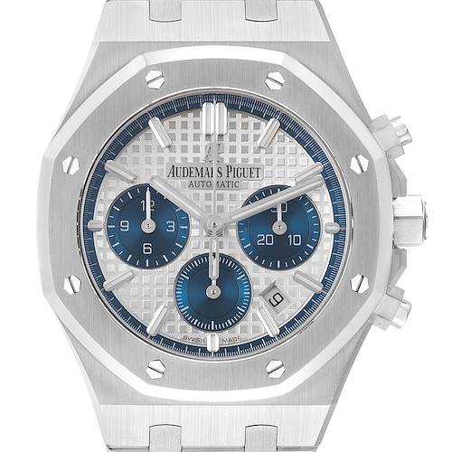 The Audemars Piguet Royal Oak 26315ST.OO.1256ST.01 Men's Stainless Steel Silver Dial 26315ST.OO.1256ST.01 Men's Stainless Steel Silver Dial is shown from the front, highlighting the octagonal bezel, dial with sub-dials, and date window.