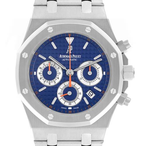 The Audemars Piguet Royal Oak 26300ST.OO.1110ST.07 Men's Stainless Steel Blue Dial 26300ST.OO.1110ST.07 Men's Stainless Steel Blue Dial watch is shown from the front, highlighting its blue dial, subdials, and signature octagonal bezel.