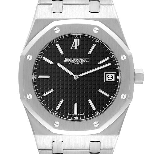 The image displays a front view of an Audemars Piguet Royal Oak 15202ST.OO.0944ST.02 Men's Stainless Steel Black Dial 15202ST.OO.0944ST.02 Men's Stainless Steel Black Dial watch, highlighting its dial, case, and crown.
