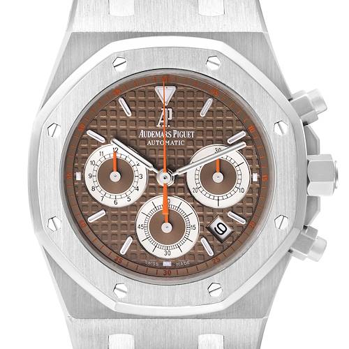 This image shows the front view of an Audemars Piguet Royal Oak 26300ST.OO.1110ST.08 Men's Stainless Steel Brown Dial 26300ST.OO.1110ST.08 Men's Stainless Steel Brown Dial watch, highlighting its dial and subdials.