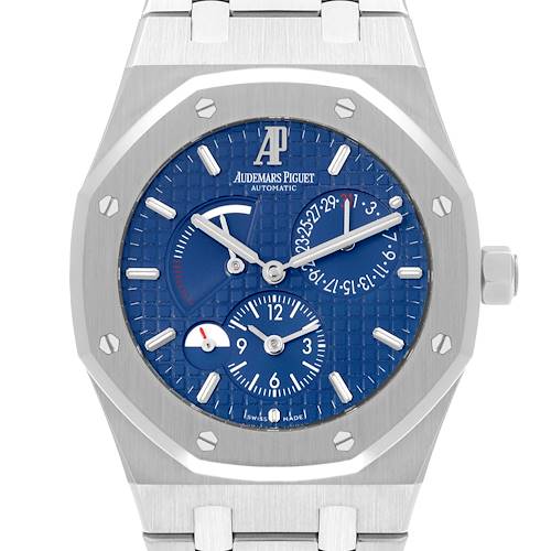 The Audemars Piguet Royal Oak 26120ST.00.1220ST.02 Men's Stainless Steel Blue Dial 26120ST.00.1220ST.02 Men's Stainless Steel Blue Dial watch is shown from the front, highlighting its blue dial, subdials, and octagonal bezel.