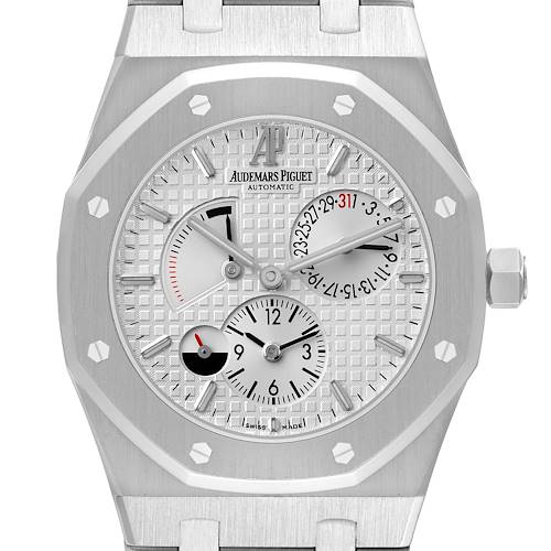 The Audemars Piguet Royal Oak 26120ST Men's Stainless Steel Silver Dial watch is shown from the front, highlighting its dial, hands, and subdials.