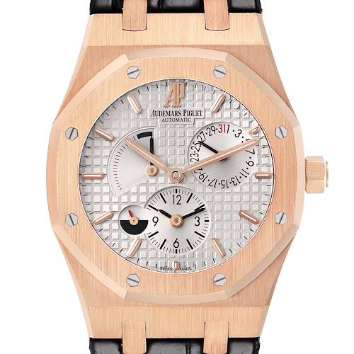 The image shows a frontal view of a Royal Oak by Audemars Piguet, highlighting the dial, subdials, and case.