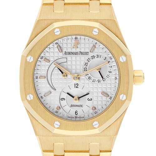 The Audemars Piguet Royal Oak 25730BA.OO.0789BA.06 Men's Yellow Gold Silver Dial 25730BA.OO.0789BA.06 Men's Yellow Gold Silver Dial watch is shown from the front, highlighting its octagonal bezel, dial, and subdials.