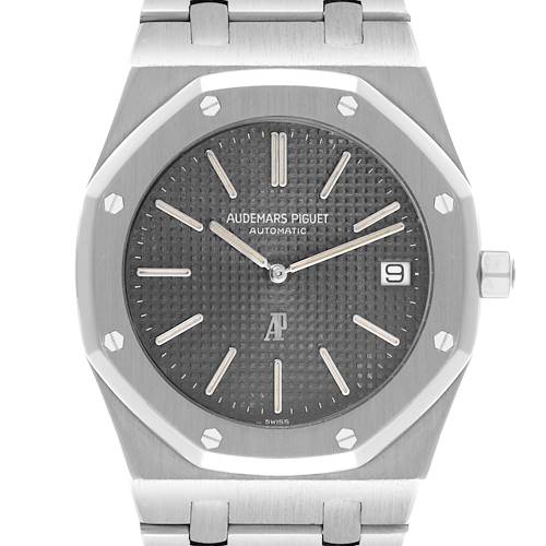 The image shows the front view of an Audemars Piguet Royal Oak 5402ST Men's Stainless Steel Black Dial 5402ST Men's Stainless Steel Black Dial watch, highlighting the face, bezel, and bracelet.