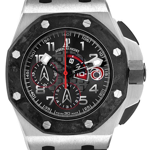 The Audemars Piguet Royal Oak Offshore 26062PT.OO.A002CA.01 Men's Platinum Black Dial watch is shown from a front angle, highlighting the dial, bezel, and side crown.
