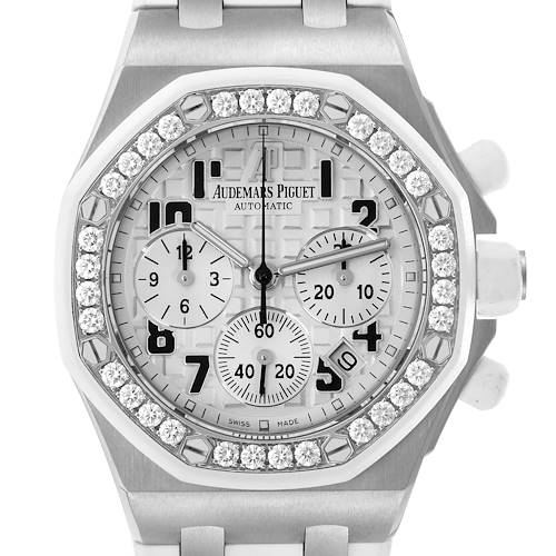 The Audemars Piguet Royal Oak Offshore 26048SK.ZZ.D010CA.01 Women's Stainless Steel Silver Dial 26048SK.ZZ.D010CA.01 Women's Stainless Steel Silver Dial watch is shown front-facing, highlighting its diamond-encrusted bezel and dial details.