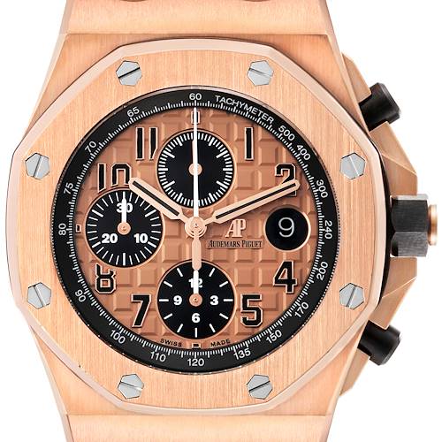 This image shows a close-up front view of the Audemars Piguet Royal Oak Offshore 26470OR.OO.1000OR.01 Men's Rose Gold Pink Dial 26470OR.OO.1000OR.01 Men's Rose Gold Pink Dial watch, detailing the dial, tachymeter, and subdials.