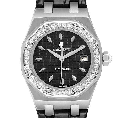 The Audemars Piguet Royal Oak 77321ST Women's Stainless Steel Black Dial watch is shown from the front, highlighting the dial, date window, and diamond-set bezel.