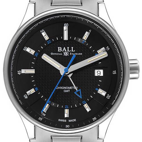 The image shows a front view of the Ball GM3010C Men's Stainless Steel Black Dial GM3010C Men's Stainless Steel Black Dial BMW GMT Black Dial Steel Automatic Men's Watch GM3010c, highlighting the dial, hands, and date window.