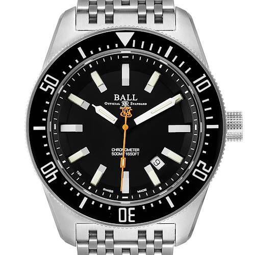 The Ball Engineer DM3108A-SCJ-BK Men's Stainless Steel Black Dial DM3108A-SCJ-BK Men's Stainless Steel Black Dial model watch is shown from a front-facing angle, highlighting its dial, bezel, and part of the metal bracelet.
