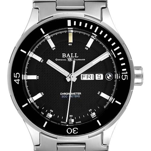 The image shows a Ball Roadmaster DM3010B-SCJ-BE Men's Stainless Steel Black Dial DM3010B-SCJ-BE Men's Stainless Steel Black Dial watch from a front angle, displaying the face, bezel, hands, and part of the bracelet.