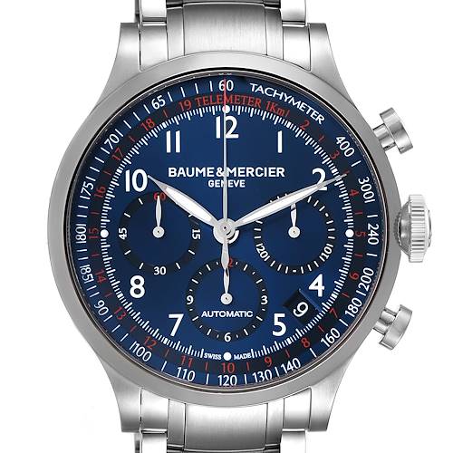 The image shows a front view of a Baume & Mercier Capeland 10066 Men's Stainless Steel Blue Dial 10066 Men's Stainless Steel Blue Dial watch, highlighting its blue dial, chronograph features, and stainless steel bracelet.