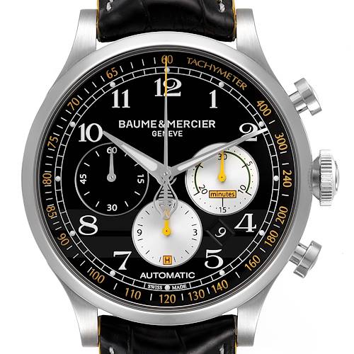 The Baume & Mercier Capeland 65798 Men's Stainless Steel Black Dial 65798 Men's Stainless Steel Black Dial watch is shown from a front angle, highlighting its dial, subdials, tachymeter, and leather strap.
