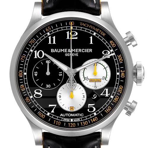 The image shows a front view of the Baume & Mercier Capeland 65798 Men's Stainless Steel Black Dial 65798 Men's Stainless Steel Black Dial watch with chronograph and tachymeter features.