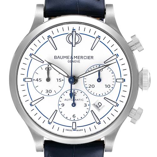 The Baume & Mercier Capeland MOA10437 Men's Stainless Steel White Dial MOA10437 Men's Stainless Steel White Dial watch is shown from the front, displaying its dial, subdials, and crown.