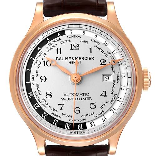 The image shows a close-up frontal view of the Baume & Mercier Capeland M0A10107 Men's Rose Gold Silver Dial M0A10107 Men's Rose Gold Silver Dial Worldtimer watch dial and hands.
