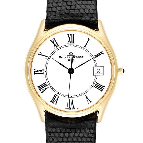 The Baume & Mercier Classima 95248 Men's Yellow Gold White Dial 95248 Men's Yellow Gold White Dial watch is shown from the front, displaying the dial, bezel, and part of the leather strap.