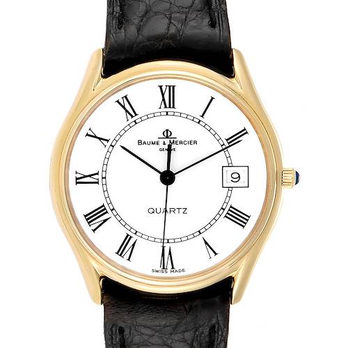 This image shows a front view of the Baume & Mercier Classima 95248 Men's Yellow Gold White Dial 95248 Men's Yellow Gold White Dial watch with a gold case, black leather strap, and Roman numeral indices.