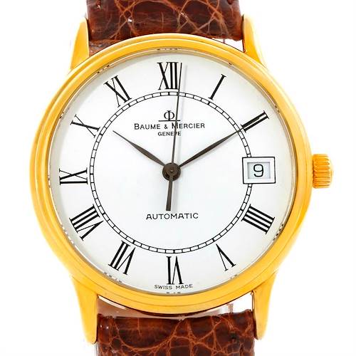 This image shows a front view of the Baume & Mercier Classima MV045075 Men's Yellow Gold White Dial MV045075 Men's Yellow Gold White Dial watch, displaying its dial, hands, case, and leather strap.
