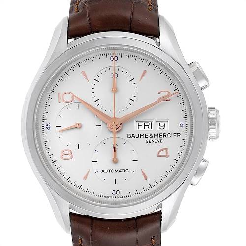 The Baume & Mercier Classima M0A10129 Men's Stainless Steel Silver Dial M0A10129 Men's Stainless Steel Silver Dial watch is shown from the front, displaying the dial, hands, sub-dials, date, day, and crown.