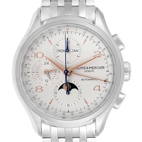 The image shows a front view of a Baume & Mercier Classima M0A10279 Men's Stainless Steel Silver Dial M0A10279 Men's Stainless Steel Silver Dial watch, featuring the dial, date, subdials, and moon phase indicator.