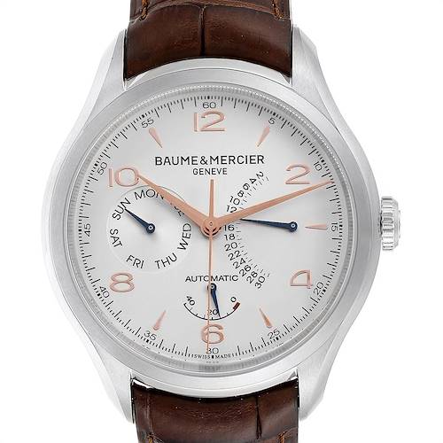 This image shows a front view of the Baume & Mercier Classima M0A10149 Men's Stainless Steel Silver Dial M0A10149 Men's Stainless Steel Silver Dial watch, highlighting its dial, case, and leather strap.