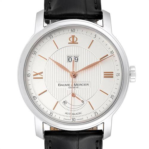 The image shows a front view of a Baume & Mercier Classima M0A10142 Men's Stainless Steel Silver Dial M0A10142 Men's Stainless Steel Silver Dial watch, highlighting the dial, hands, date, and part of the leather strap.