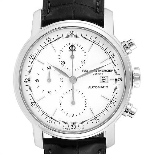 The image shows a front view of the Baume & Mercier Classima 65533 Men's Stainless Steel White Dial 65533 Men's Stainless Steel White Dial watch, highlighting its dial, chronograph sub-dials, and date window.