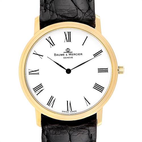 This image shows a front view of the Baume & Mercier Classima 95612 Men's Yellow Gold White Dial 95612 Men's Yellow Gold White Dial watch, featuring Roman numerals, a gold case, and a black leather strap.