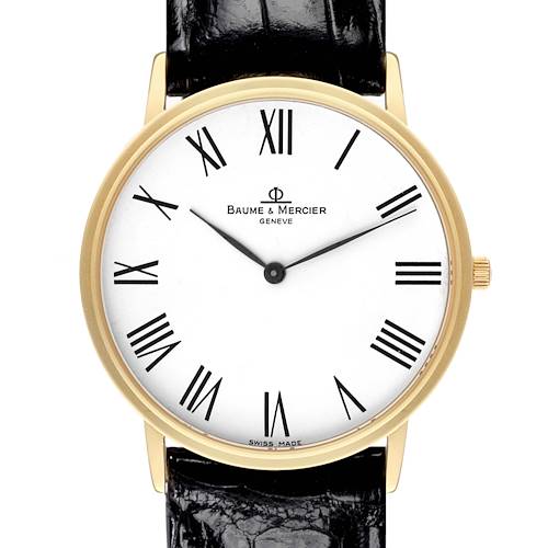 This Baume & Mercier Classima MV045088 Men's Yellow Gold White Dial MV045088 Men's Yellow Gold White Dial watch is shown from the front, highlighting its Roman numeral dial and black leather strap.