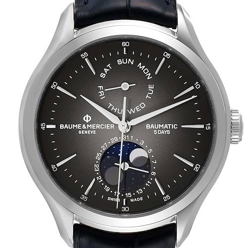 The image shows a front view of the Baume & Mercier Clifton M0A10548 Men's Stainless Steel Grey Dial M0A10548 Men's Stainless Steel Grey Dial model watch, highlighting its dial, hands, and moon phase indicator.