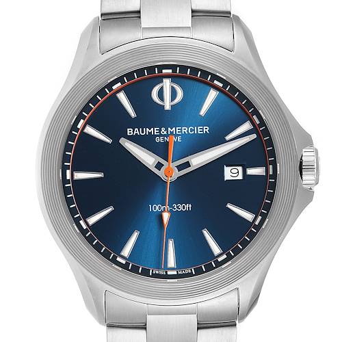 The Baume & Mercier Clifton M0A10413 Men's Stainless Steel Blue Dial M0A10413 Men's Stainless Steel Blue Dial watch is shown at a front angle, displaying the blue dial, hands, numerals, and part of the bracelet.