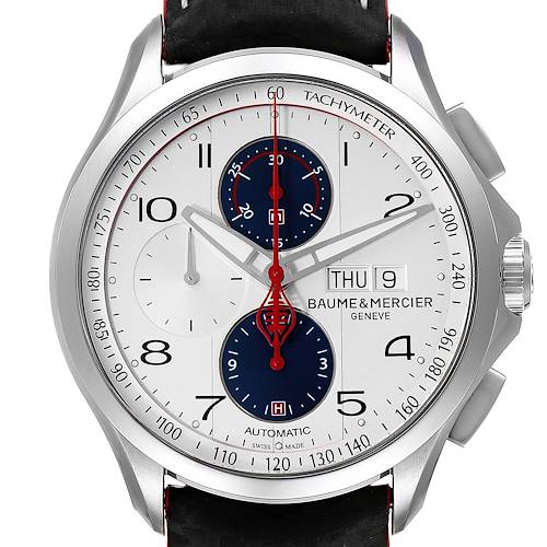 The image shows a front view of the Baume & Mercier Clifton M0A10342 Men's Stainless Steel Silver Dial M0A10342 Men's Stainless Steel Silver Dial model watch displaying the dial, bezel, and crown.